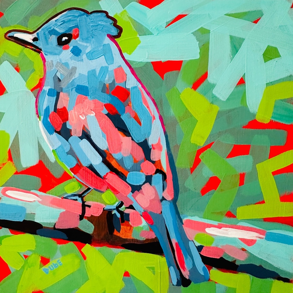 Collectible Modern Impressionism Bluebird Painting 12" x 12" x .75" Wood Panel